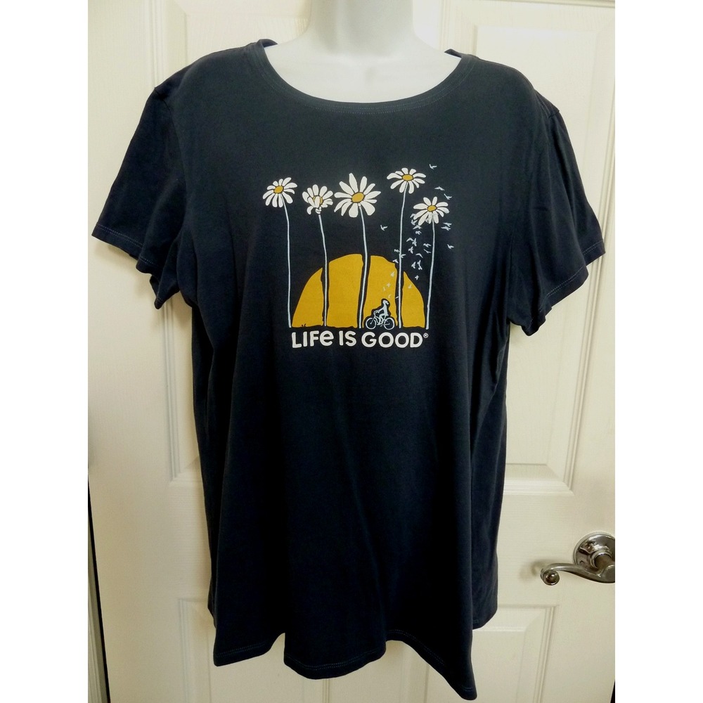 Life is Good Womens Crusher Tee L 12/14 Daisies Bike Riding Nature Dark Gray